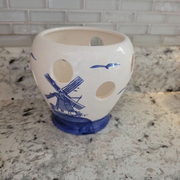 Set Of 2 Ceramic Dutch Delft Windmill Candle Holders Cutouts Blue & White - Picture 2 of 13